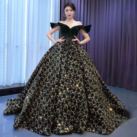 Green Sexy Off Shoulder Luxury Sparkle Sequins Beaded Bride Gowns Wedding Dress 2025 High End Custom Made HM67477