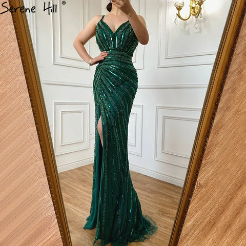 Green Spaghetti Strap Mermaid Evening Dresses Gowns 2025 Beaded Elegant High Split For Women Party LA71235
