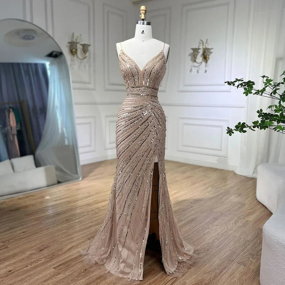 Green Spaghetti Strap Mermaid Evening Dresses Gowns 2025 Beaded Elegant High Split For Women Party LA71235