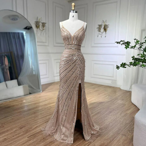 Green Spaghetti Strap Mermaid Evening Dresses Gowns 2025 Beaded Elegant High Split For Women Party LA71235