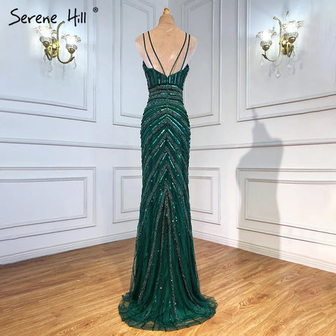 Green Spaghetti Strap Mermaid Evening Dresses Gowns 2025 Beaded Elegant High Split For Women Party LA71235