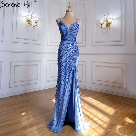 Green Spaghetti Strap Mermaid Evening Dresses Gowns 2025 Beaded Elegant High Split For Women Party LA71235