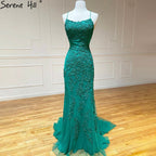 Green Spaghetti Strap Mermaid Prom Dresses 2025 Crystal Lace Elegant Graduation School Party Gown LA71162