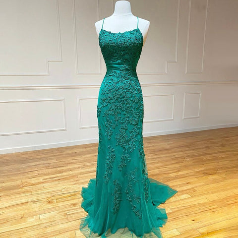 Green Spaghetti Strap Mermaid Prom Dresses 2025 Crystal Lace Elegant Graduation School Party Gown LA71162