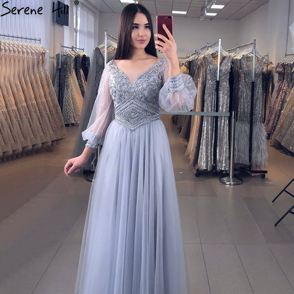 Grey A-Line Beaded Evening Dresses Gowns 2025 Long Lantern Sleeves Luxury For Women Party LA70964