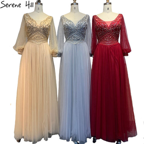 Grey A-Line Beaded Evening Dresses Gowns 2025 Long Lantern Sleeves Luxury For Women Party LA70964