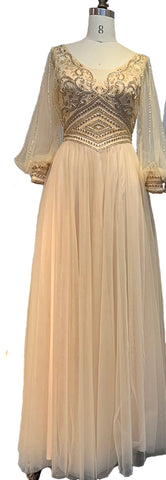 Grey A-Line Beaded Evening Dresses Gowns 2025 Long Lantern Sleeves Luxury For Women Party LA70964