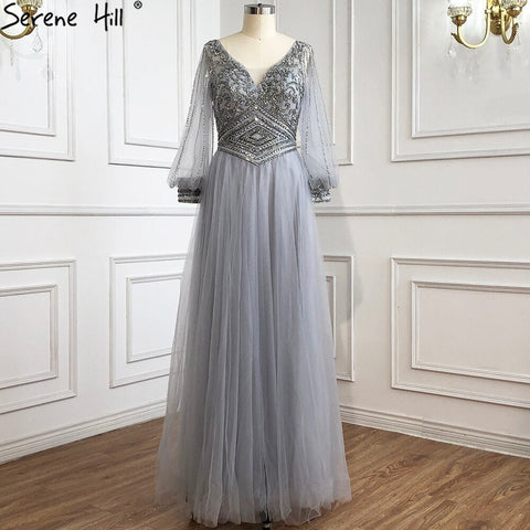Grey A-Line Beaded Evening Dresses Gowns 2025 Long Lantern Sleeves Luxury For Women Party LA70964
