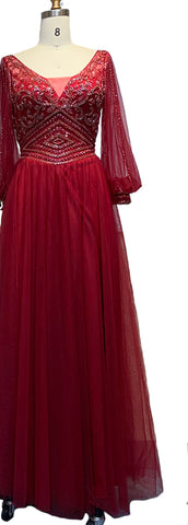 Grey A-Line Beaded Evening Dresses Gowns 2025 Long Lantern Sleeves Luxury For Women Party LA70964