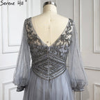Grey A-Line Beaded Evening Dresses Gowns 2025 Long Lantern Sleeves Luxury For Women Party LA70964