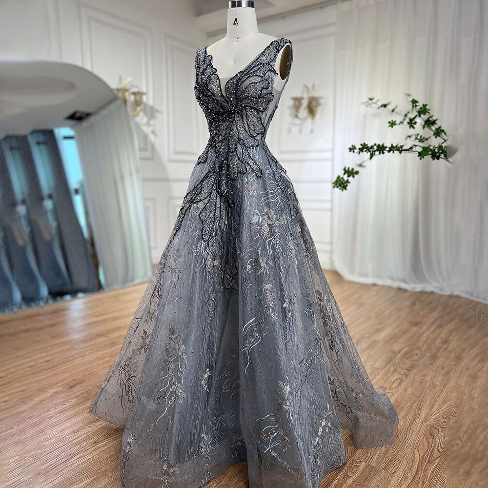 Grey A Line Luxury Evening Dresses 2025 Beaded Sleeveless Sexy For Women Wedding Party LA71250