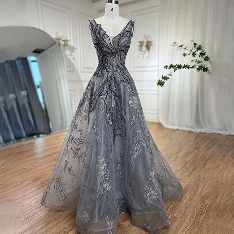 Grey A Line Luxury Evening Dresses 2025 Beaded Sleeveless Sexy For Women Wedding Party LA71250
