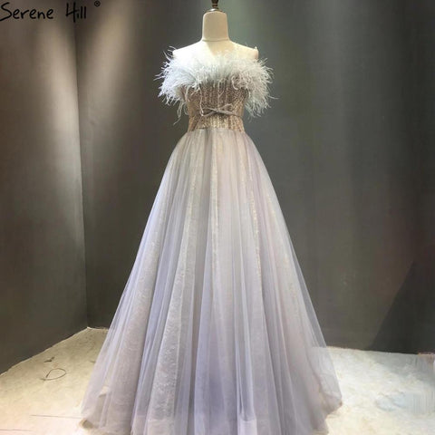 Grey A-Line Luxury Evening Dresses Gowns 2025 Beaded Feather Sexy For Women Wedding Party LA70803