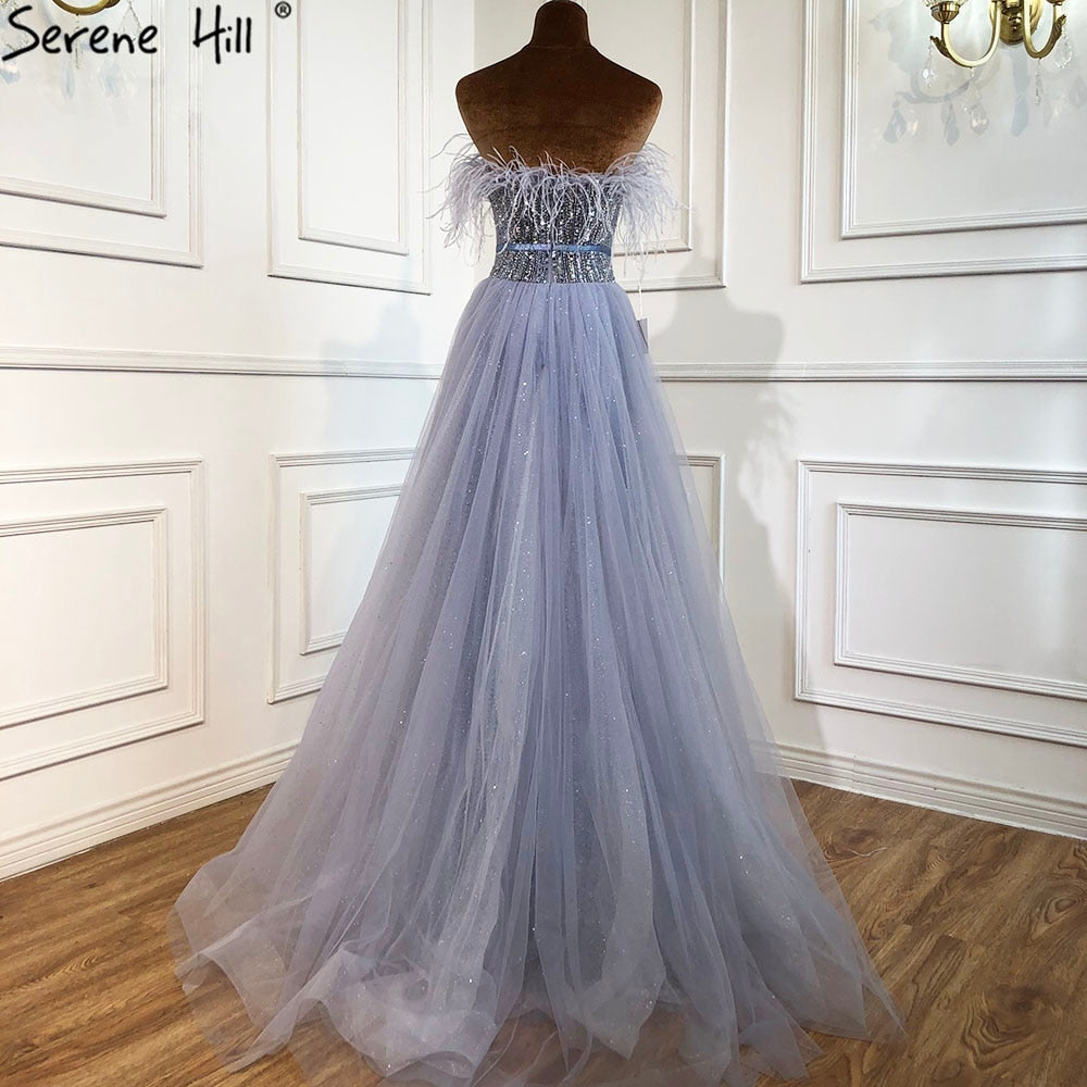 Grey A-Line Luxury Evening Dresses Gowns 2025 Beaded Feather Sexy For Women Wedding Party LA70803