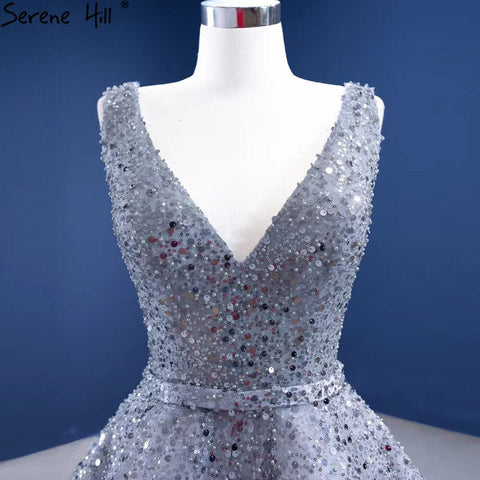 Grey A-Line Luxury Evening Dresses Gowns 2025 Beaded Sleeveless Lace Up For Women Party HM67288