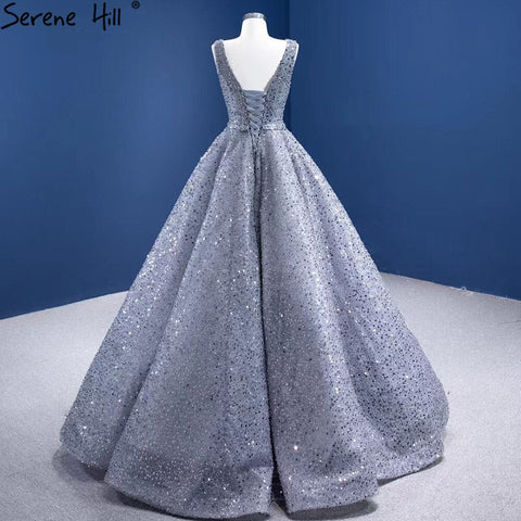 Grey A-Line Luxury Evening Dresses Gowns 2025 Beaded Sleeveless Lace Up For Women Party HM67288