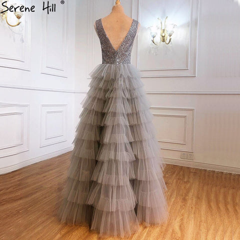 Grey  A-Line Luxury Evening Dresses Gowns 2025 Beading Tiered Sexy For Women Party LA70918