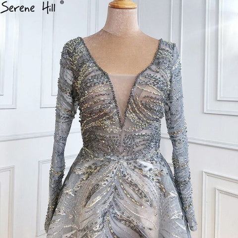 Grey A-Line Luxury Evening Dresses Gowns 2025 Lace Beaded Crystal Sexy For Woman Party  LA71171