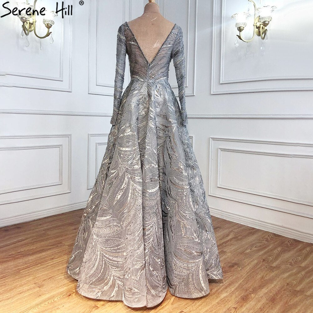 Grey A-Line Luxury Evening Dresses Gowns 2025 Lace Beaded Crystal Sexy For Woman Party  LA71171