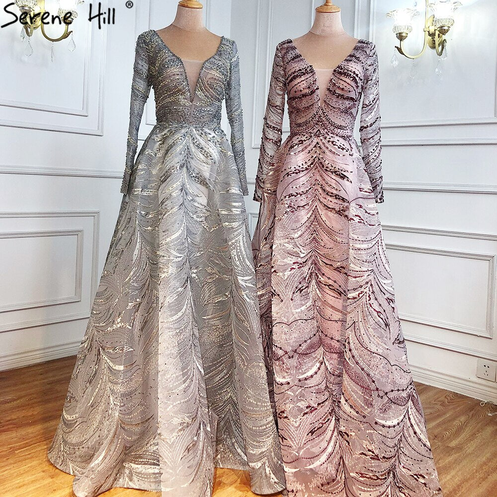 Grey A-Line Luxury Evening Dresses Gowns 2025 Lace Beaded Crystal Sexy For Woman Party  LA71171