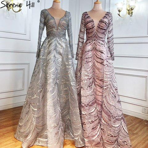 Grey A-Line Luxury Evening Dresses Gowns 2025 Lace Beaded Crystal Sexy For Woman Party  LA71171
