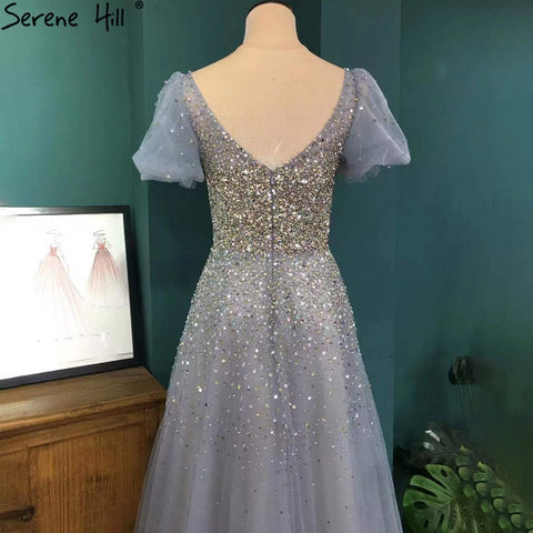 Grey A-Line Luxury Evening Dresses Gowns 2025 Short Sleeves Beaded Sexy For Women Party LA71153A