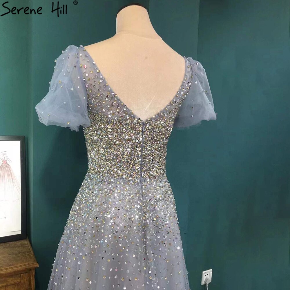 Grey A-Line Luxury Evening Dresses Gowns 2025 Short Sleeves Beaded Sexy For Women Party LA71153A