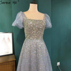 Grey A-Line Luxury Evening Dresses Gowns 2025 Short Sleeves Beaded Sexy For Women Party LA71153A