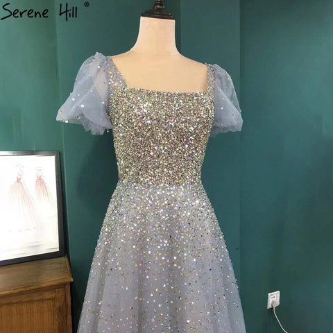 Grey A-Line Luxury Evening Dresses Gowns 2025 Short Sleeves Beaded Sexy For Women Party LA71153A