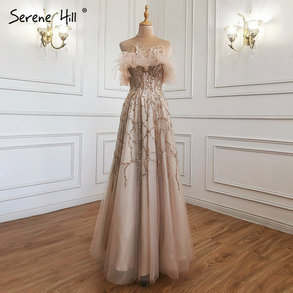 Grey A-Line Sexy Evening Dresses Gowns Beaded Feather Sparkle Formal Women Party LA71328 Featured