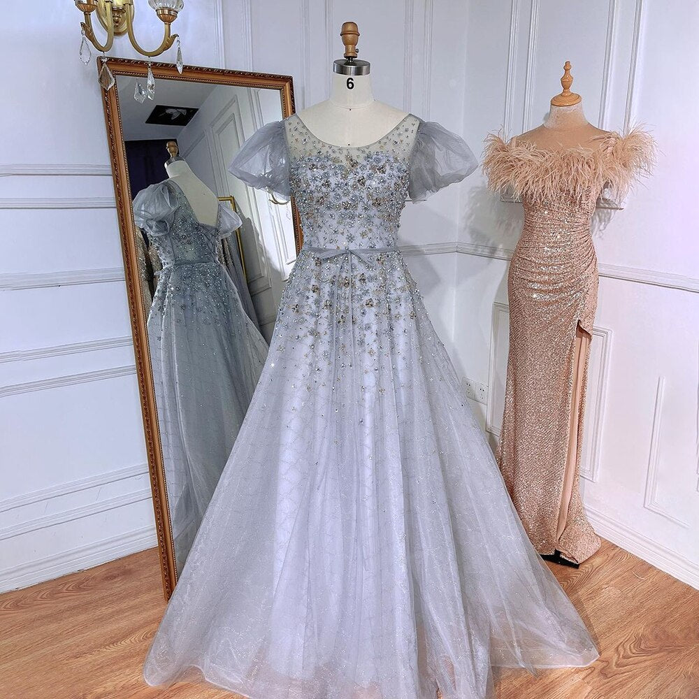 Grey A-Line Sexy Floor Length Beaded O Neck Luxury Evening Dresses Gowns For Women Arabic Party 2025 LA71839