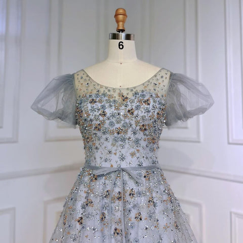 Grey A-Line Sexy Floor Length Beaded O Neck Luxury Evening Dresses Gowns For Women Arabic Party 2025 LA71839