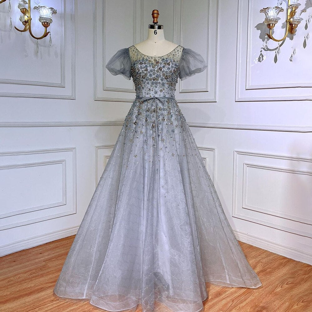 Grey A-Line Sexy Floor Length Beaded O Neck Luxury Evening Dresses Gowns For Women Arabic Party 2025 LA71839