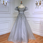 Grey A-Line Sexy Floor Length Beaded O Neck Luxury Evening Dresses Gowns For Women Arabic Party 2025 LA71839