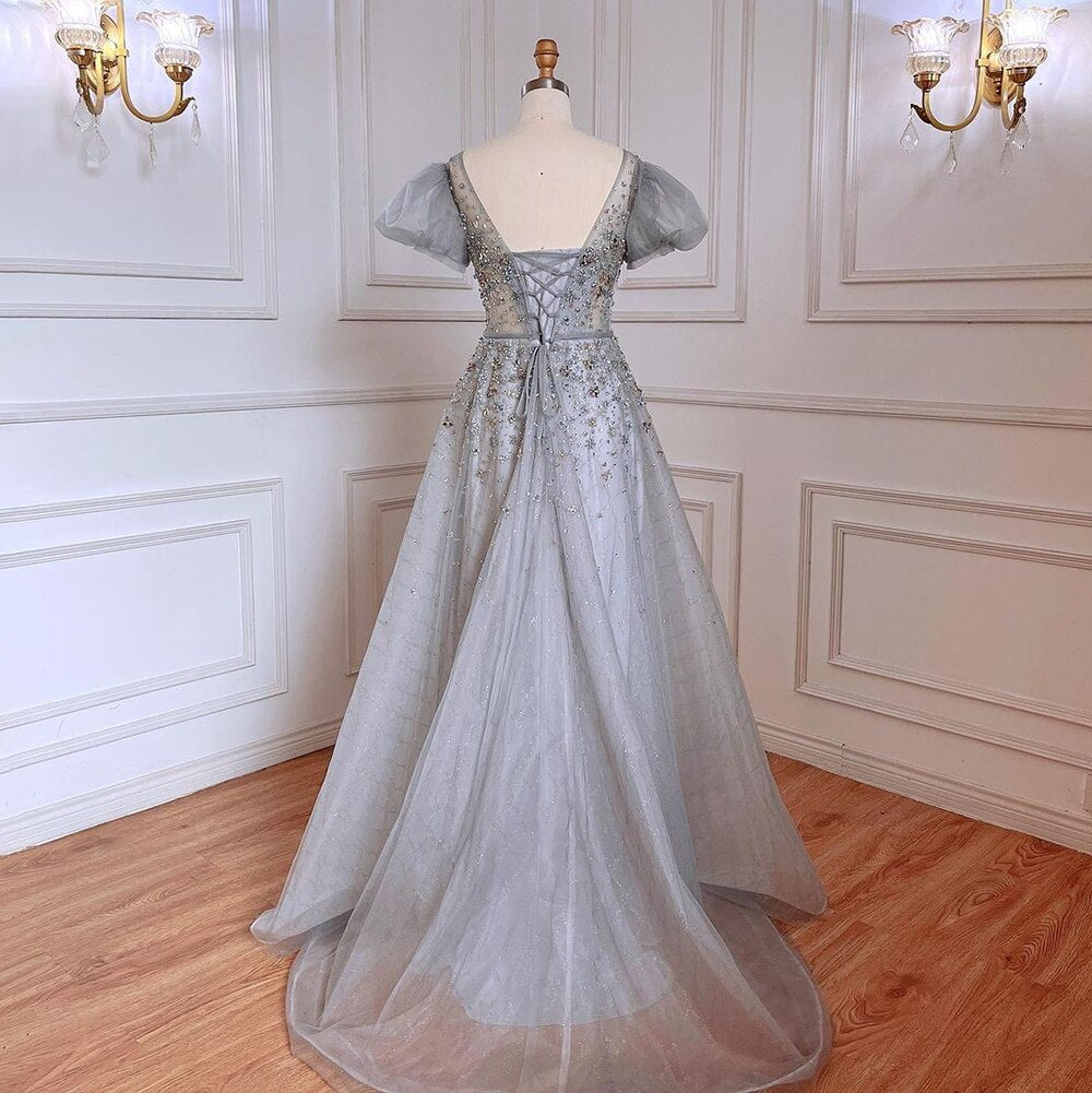 Grey A-Line Sexy Floor Length Beaded O Neck Luxury Evening Dresses Gowns For Women Arabic Party 2025 LA71839