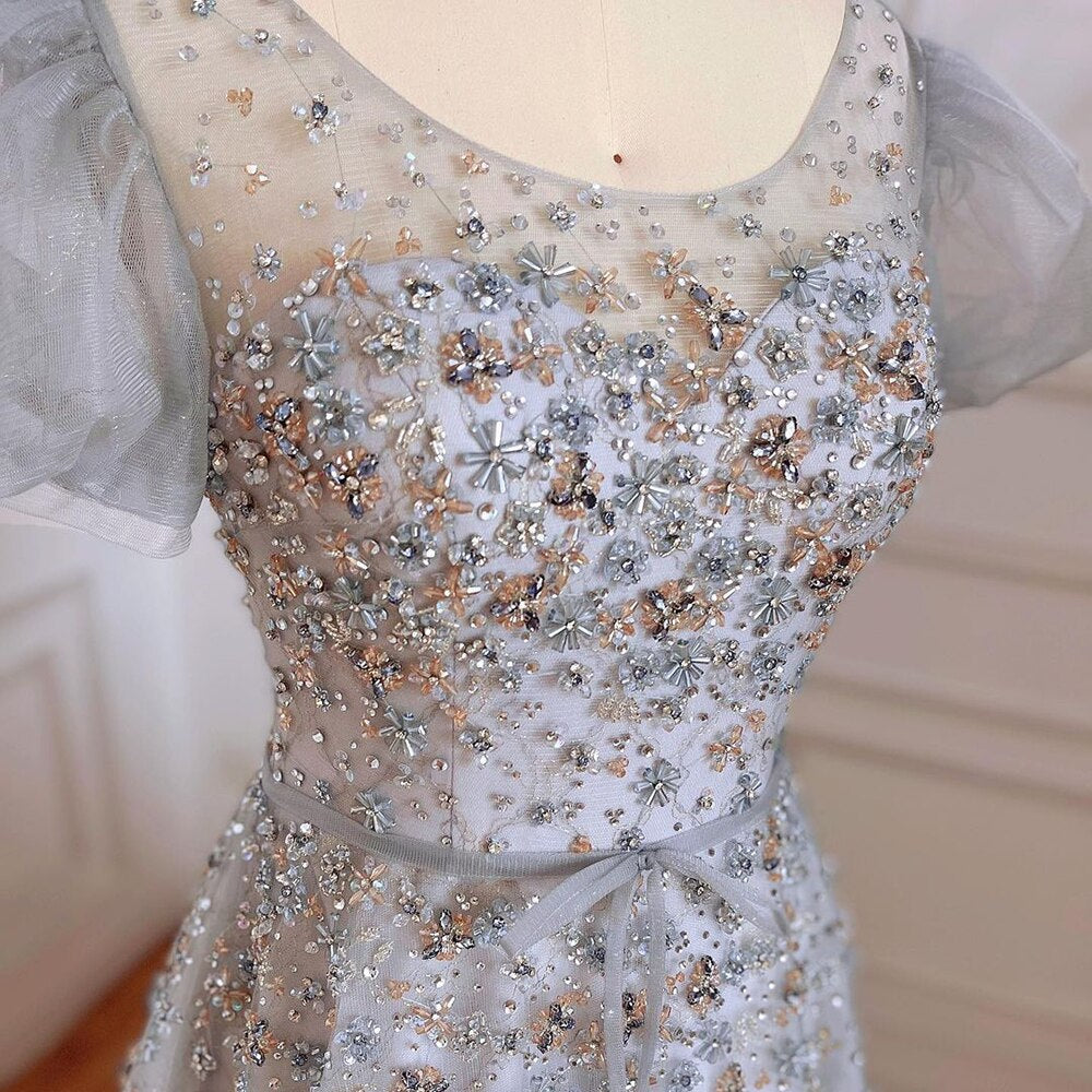 Grey A-Line Sexy Floor Length Beaded O Neck Luxury Evening Dresses Gowns For Women Arabic Party 2025 LA71839