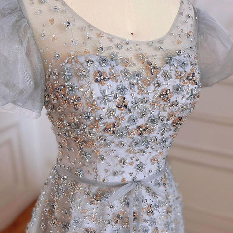 Grey A-Line Sexy Floor Length Beaded O Neck Luxury Evening Dresses Gowns For Women Arabic Party 2025 LA71839