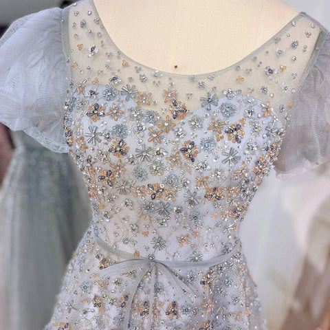 Grey A-Line Sexy Floor Length Beaded O Neck Luxury Evening Dresses Gowns For Women Arabic Party 2025 LA71839