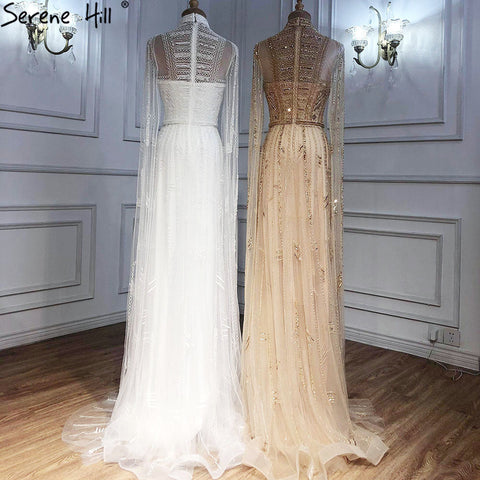 Robe de soirée arabe grise nude à manches cape LA71047