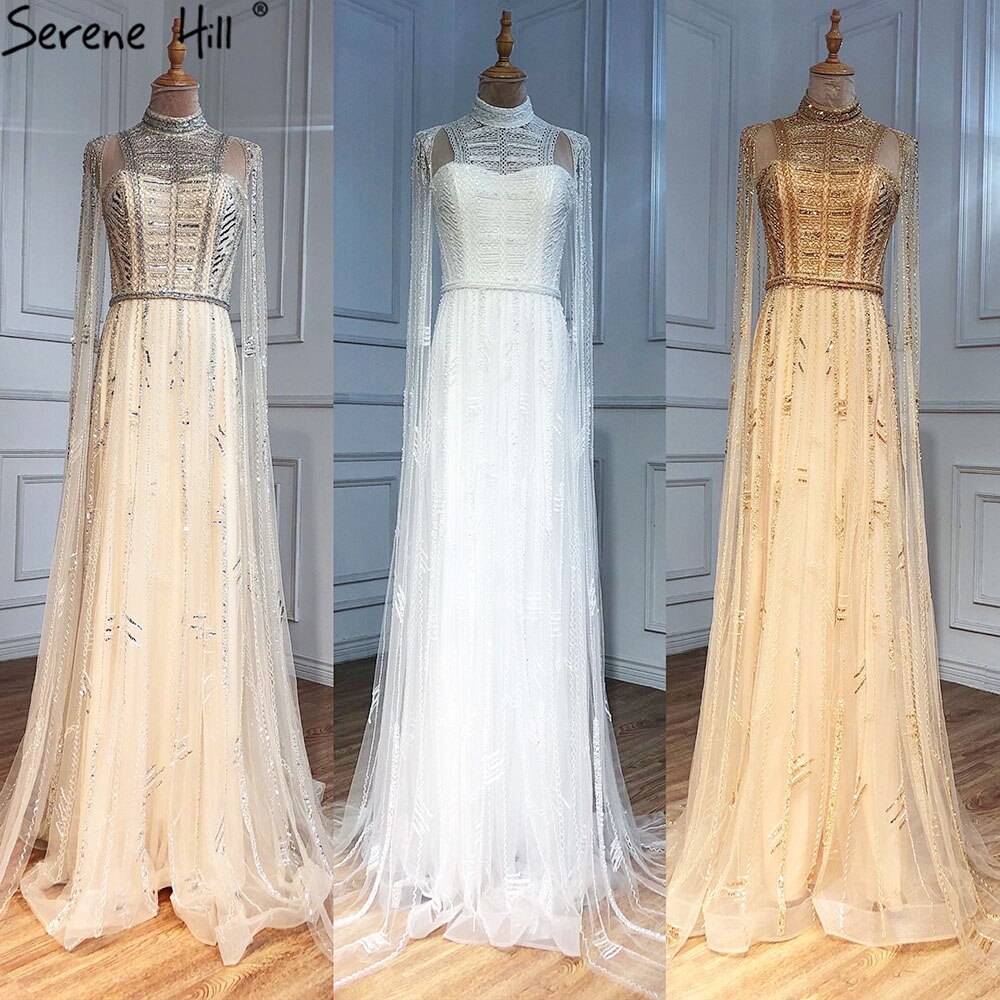 Grey Nude Arabic Evening Dresses with Cape Sleeves LA71047