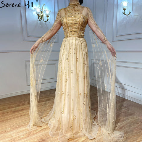 Robe de soirée arabe grise nude à manches cape LA71047