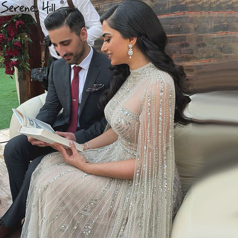 Robe de soirée arabe grise nude à manches cape LA71047