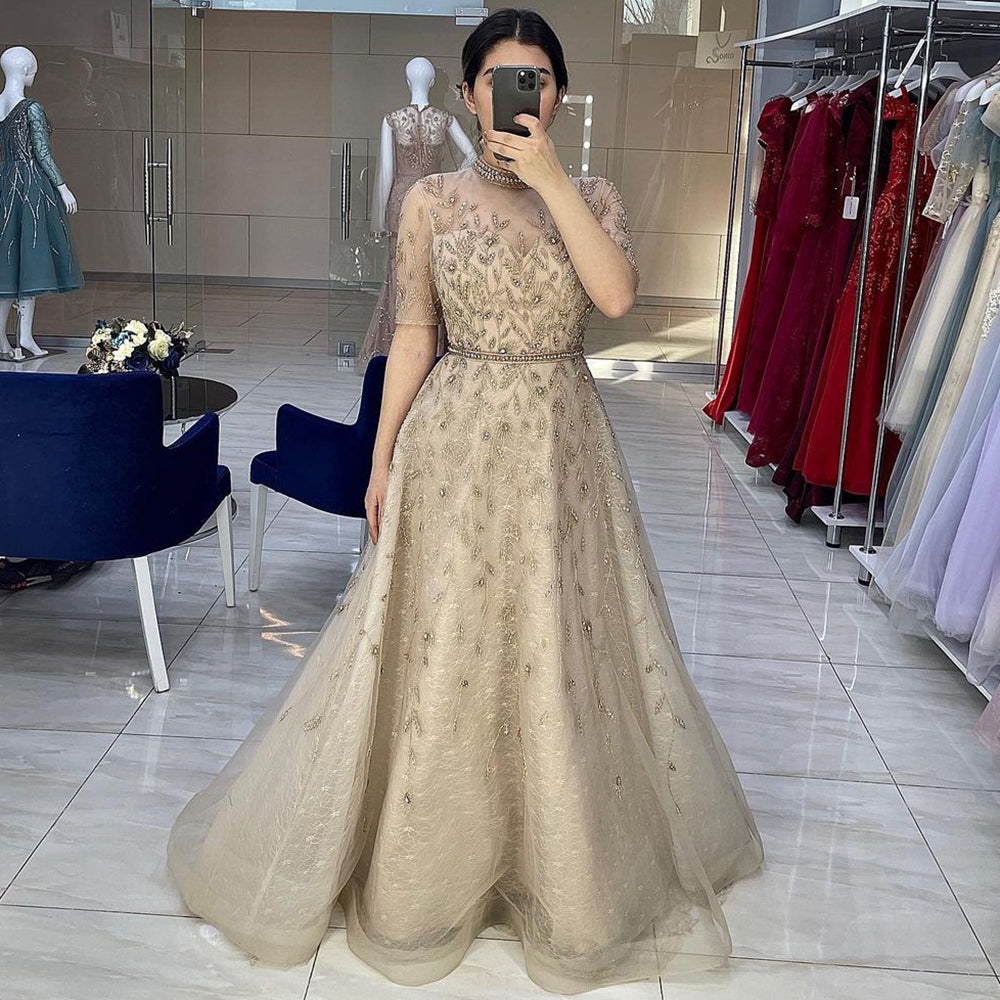 Grey Beaded Sparkle A-Line Evening Dresses Gowns 2025 Half Sleeves Luxury For Women Party LA71378