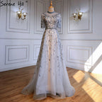 Grey Beaded Sparkle A-Line Evening Dresses Gowns 2025 Half Sleeves Luxury For Women Party LA71378