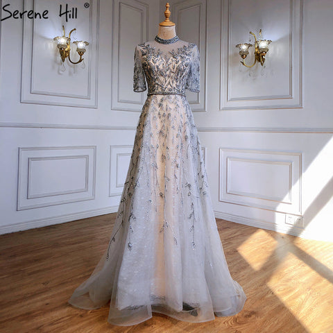 Grey Beaded Sparkle A-Line Evening Dresses Gowns 2025 Half Sleeves Luxury For Women Party LA71378