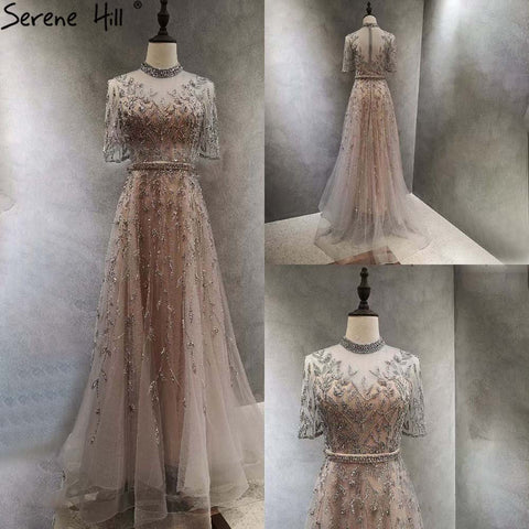 Grey Beaded Sparkle A-Line Evening Dresses Gowns 2025 Half Sleeves Luxury For Women Party LA71378