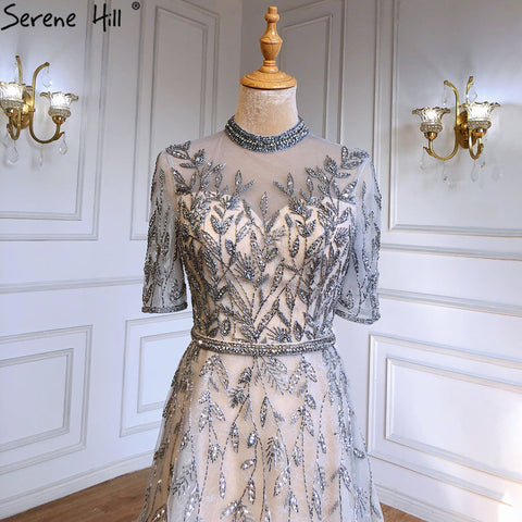 Grey Beaded Sparkle A-Line Evening Dresses Gowns 2025 Half Sleeves Luxury For Women Party LA71378