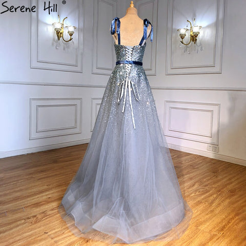 Grey Blue A-Line Luxury Evening Dresses Gowns 2025 Spaghetti Strap Beading Sexy For Women Party LA70888