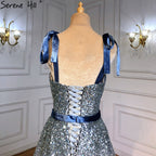 Grey Blue A-Line Luxury Evening Dresses Gowns 2025 Spaghetti Strap Beading Sexy For Women Party LA70888