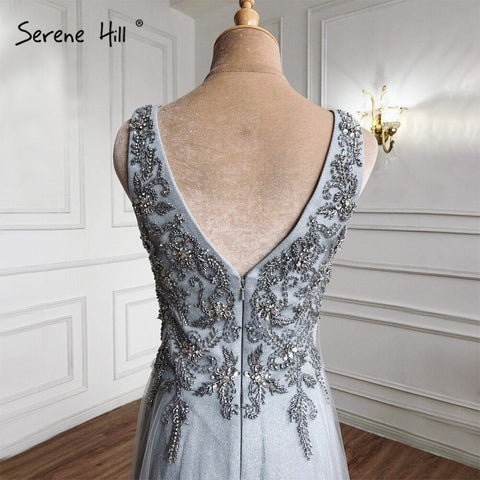 Grey Blue A-Line Sexy Evening Dresses Gowns 2025 Beaded Sleeveless Simple For Women Party LA71257